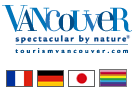 Tourism Vancouver logo and 4 flags: French, German, Japanese, and 'Gay'