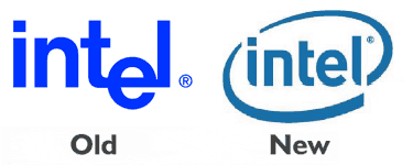 left: old Intel logo with dropped 'e', right: new with swoosh