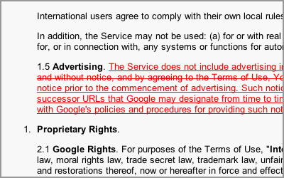 cropped capture of Google ToS document, with some words underlined in red